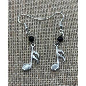 Vtg Sterling Silver Black Onyx Gemstone Music Notes Dangle Earrings 925